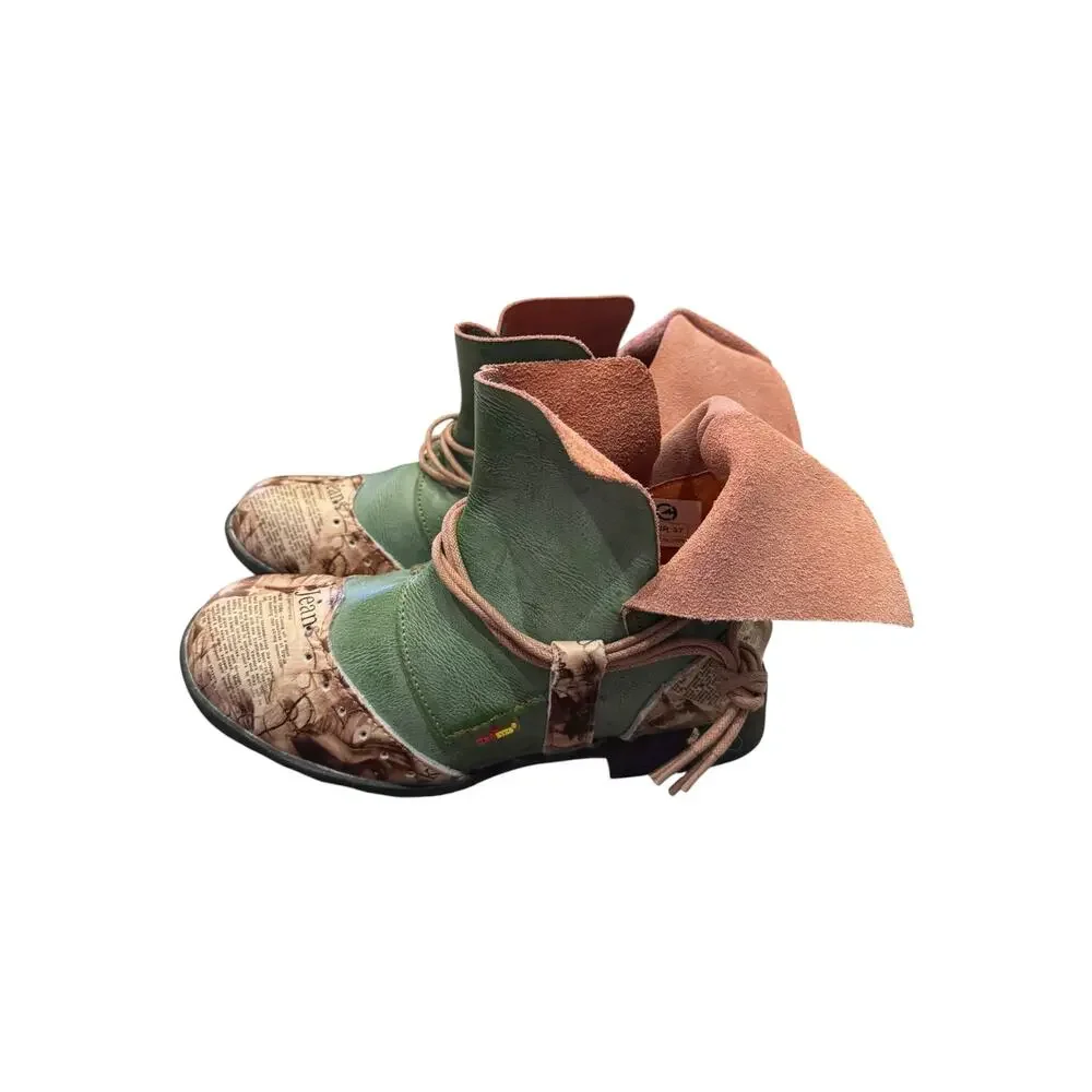 TMA EYES Tie-Accent Green Leather Newspaper Ankle Boots EU 37 US 6.5